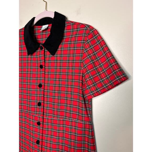 1990s Ragsland Christmas Tartan Corduroy Collar Holiday Maxi Button Up Dress M - Picture 4 of 5
